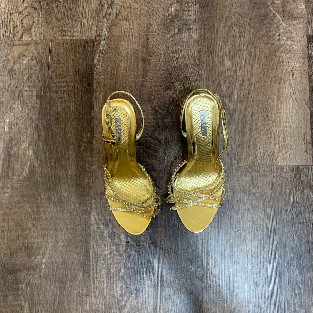 Celeste Gold Rhinestone platform sandal heels, Size 8